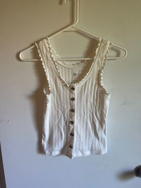 SO White Ribbed Button-Front Tank with Scalloped Trim